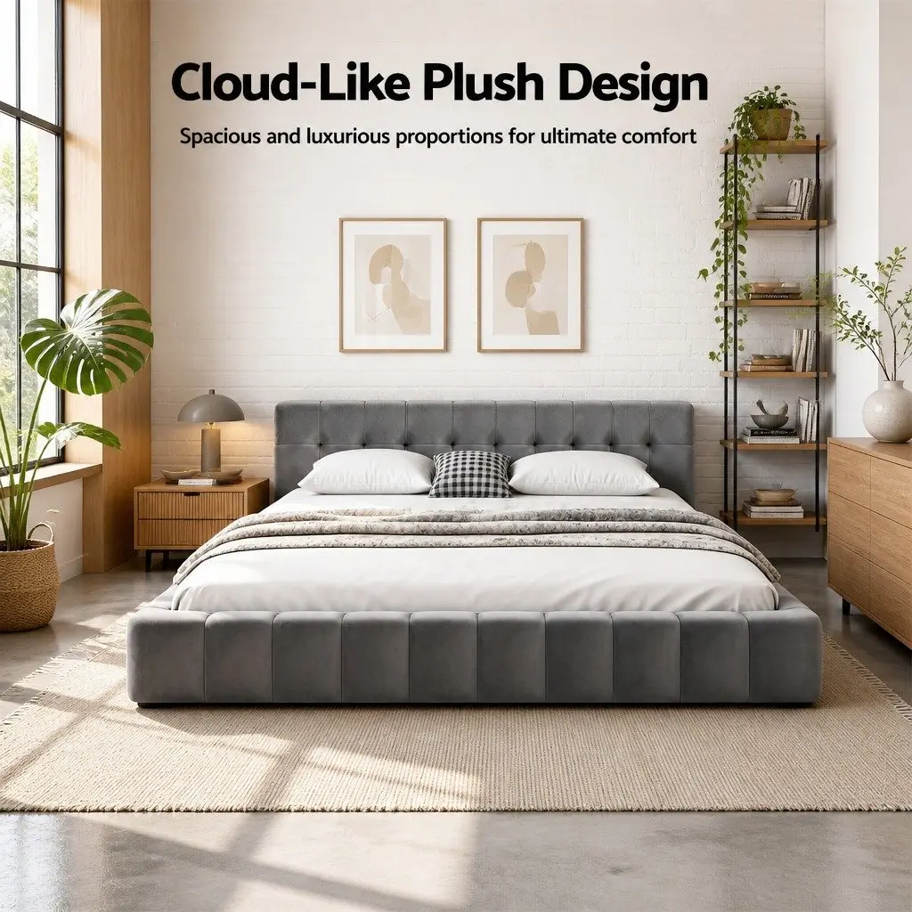 King Size Bed Frame in Grey Velvet