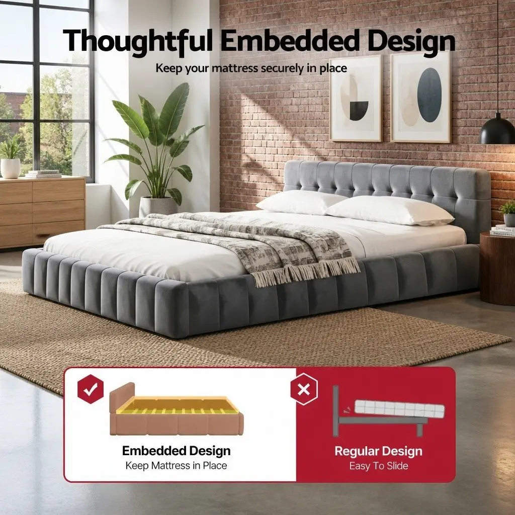 King Size Bed Frame in Grey Velvet