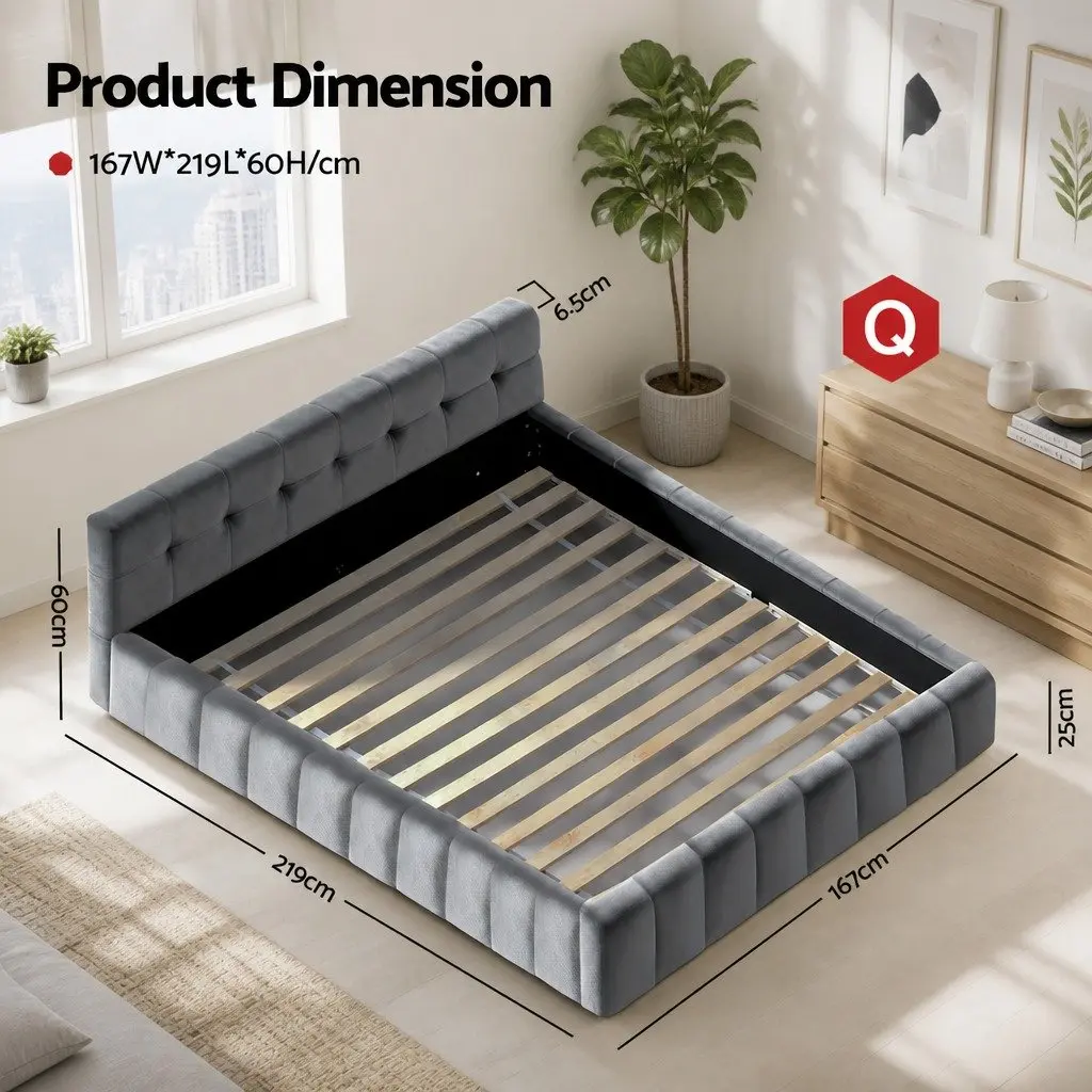 Queen Size Bed Frame Cloud Headboard Plush Velvet Modern Platform Base