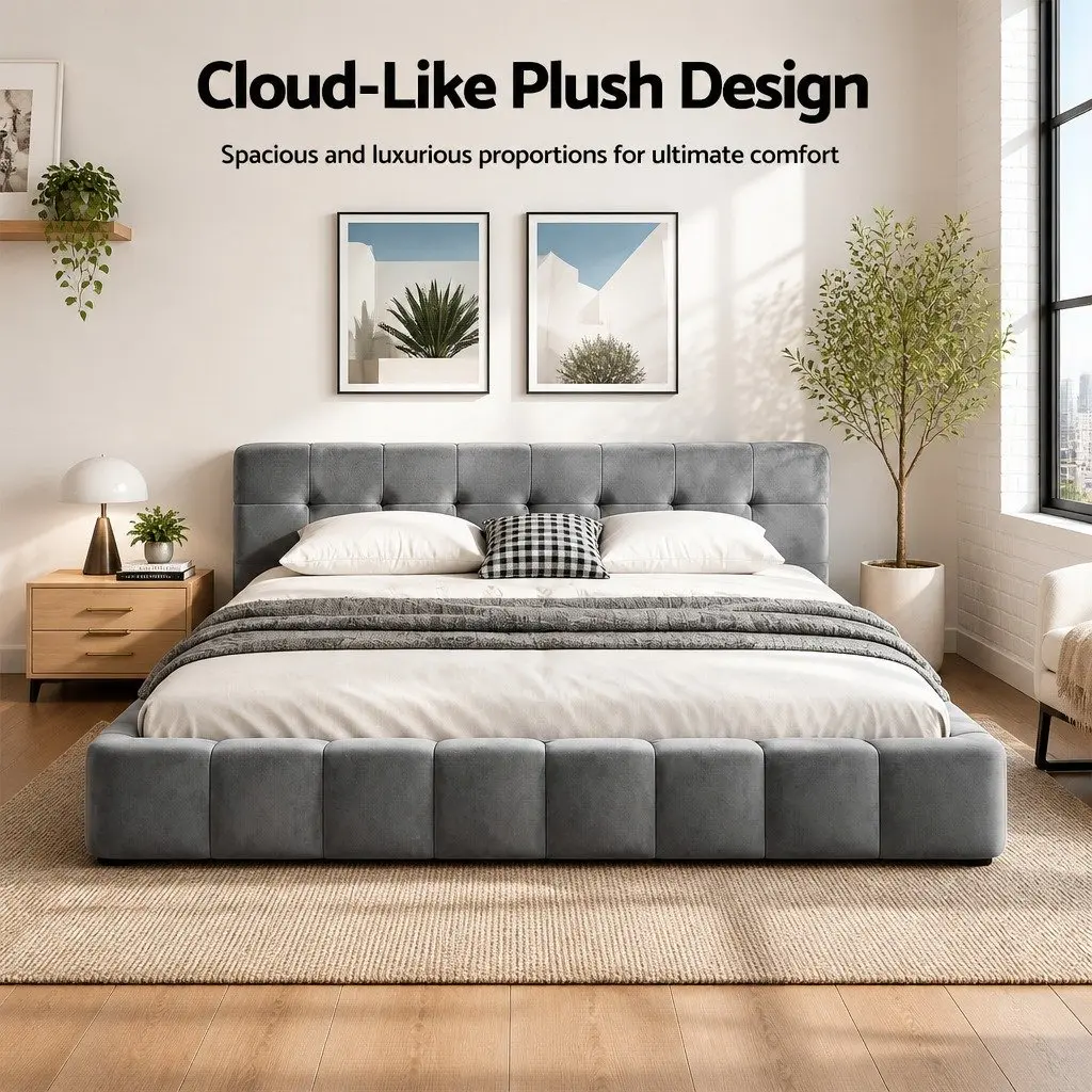 Queen Size Bed Frame Cloud Headboard Plush Velvet Modern Platform Base