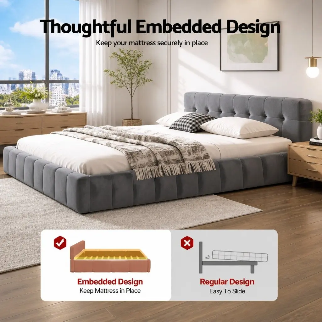 Queen Size Bed Frame Cloud Headboard Plush Velvet Modern Platform Base