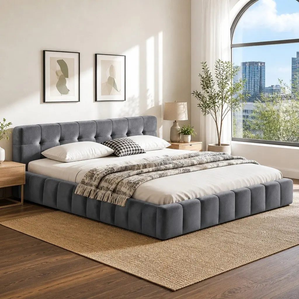 Queen Size Bed Frame Cloud Headboard Plush Velvet Modern Platform Base