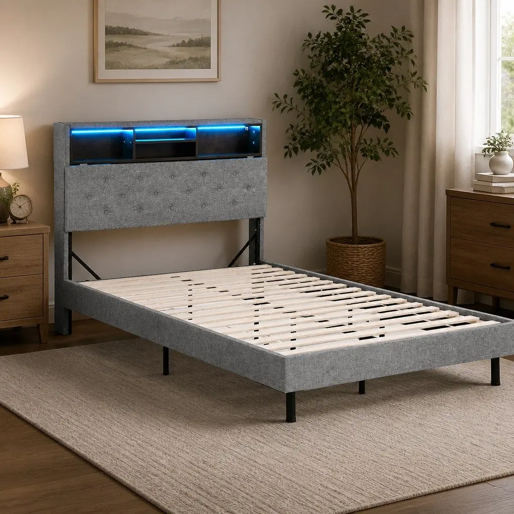 King Single Bed Frame with RGB LED Lights Storage Headboard Grey