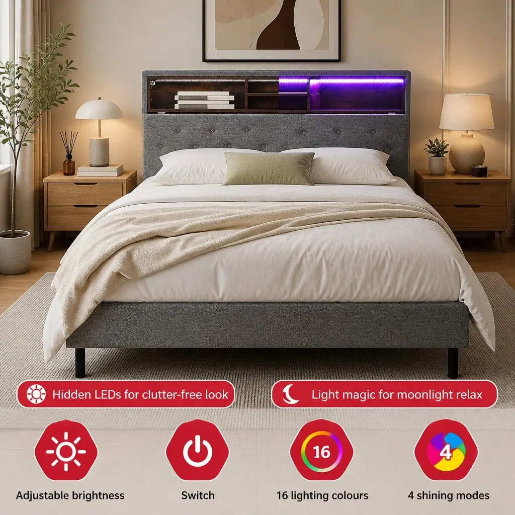 King Single Bed Frame with RGB LED Lights Storage Headboard Grey