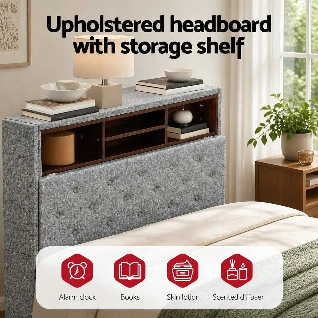 King Single Bed Frame with RGB LED Lights Storage Headboard Grey
