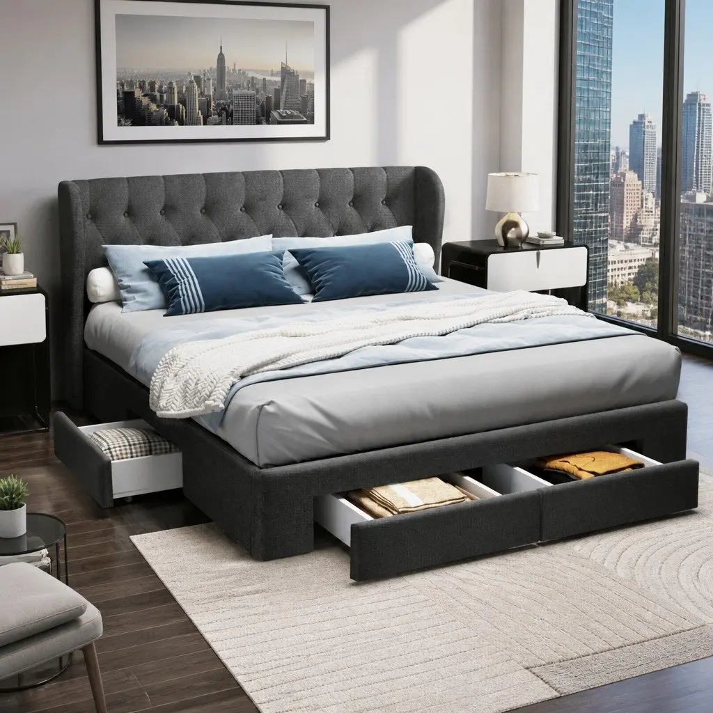 King Size Bed Frame Charcoal Upholstered Padded with 4 Storage Drawers