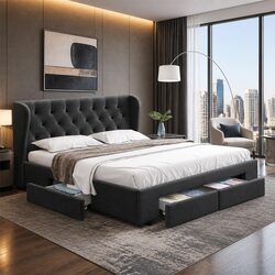Queen Size Bed Frame with 4 Storage Drawers Charcoal Upholstered Padded