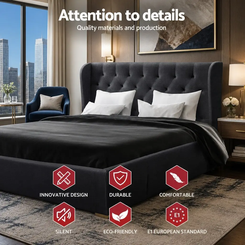 Queen Bed Frame Charcoal Upholstered with Padded High Density Foam and 4 Storage Drawers