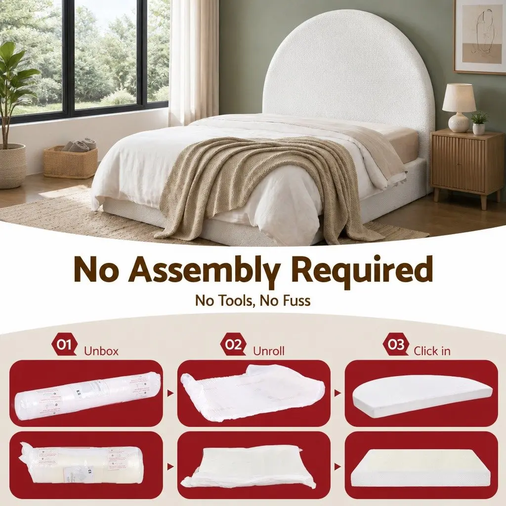 Queen Bed Frame Boucle Fabric Vacuum Compressed No Assembly Removable Washable