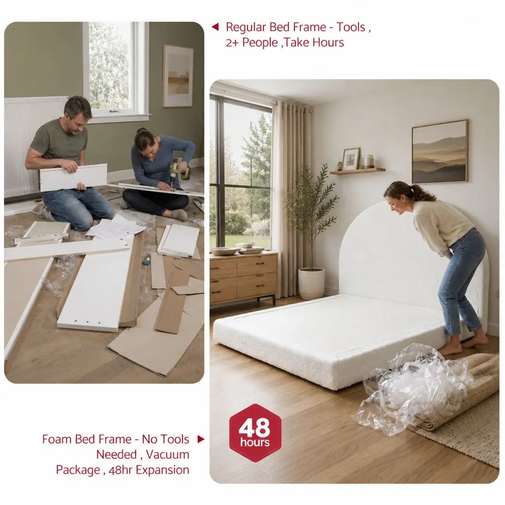 Queen Bed Frame Boucle Fabric Vacuum Compressed No Assembly Removable Washable