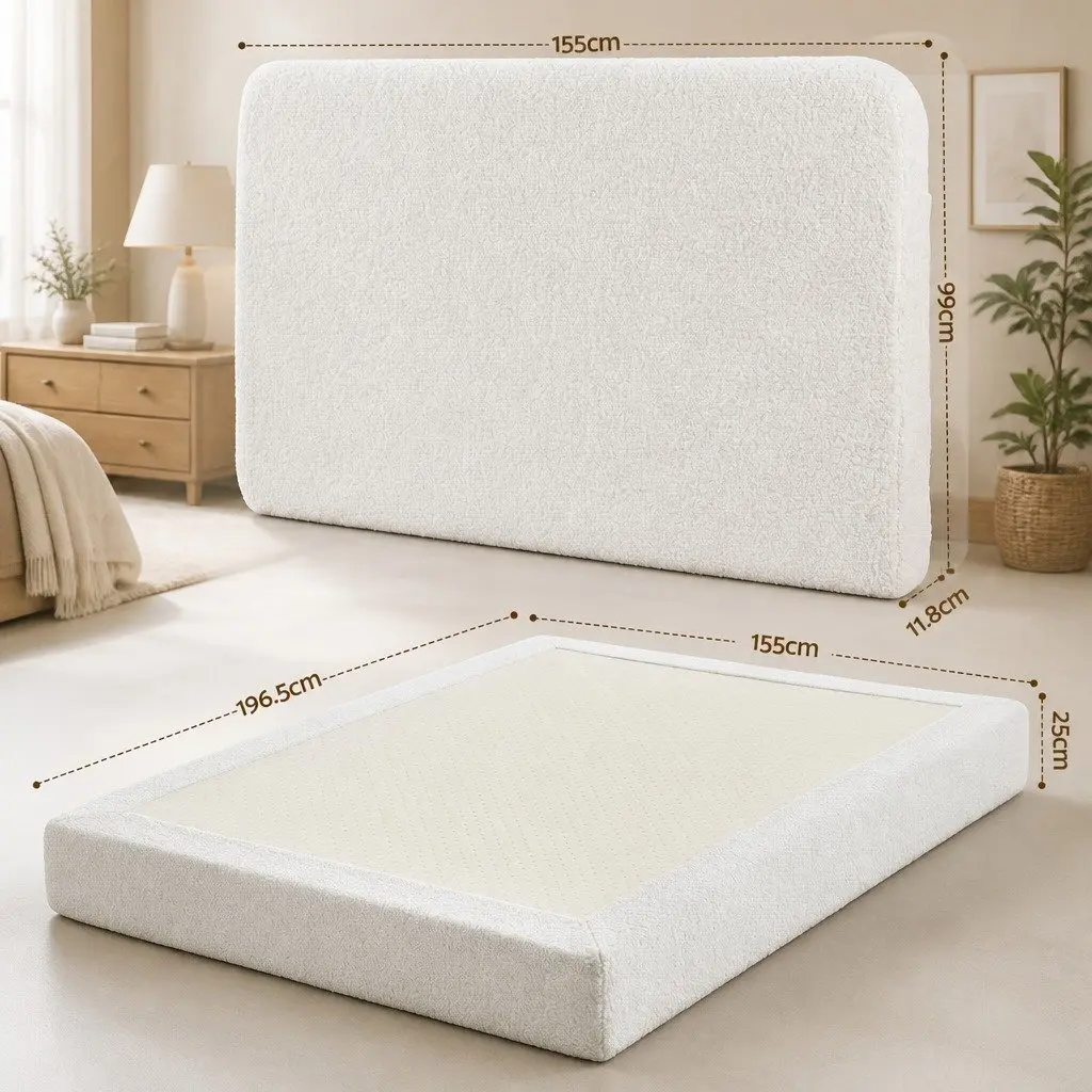 Double Bed Frame Boucle Fabric Tool-free Instant Expansion 155W x 196.5L x 25H cm