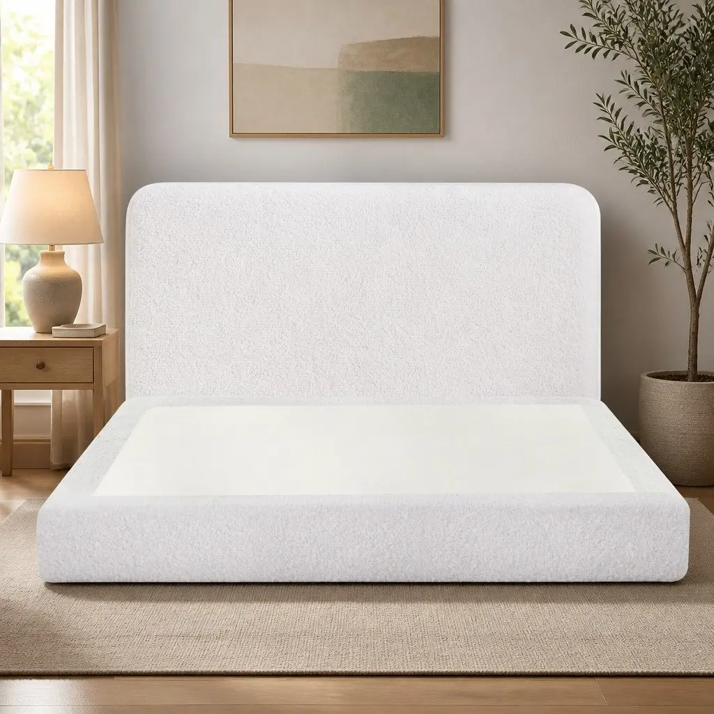 Double Bed Frame Boucle Fabric Tool-free Instant Expansion 155W x 196.5L x 25H cm