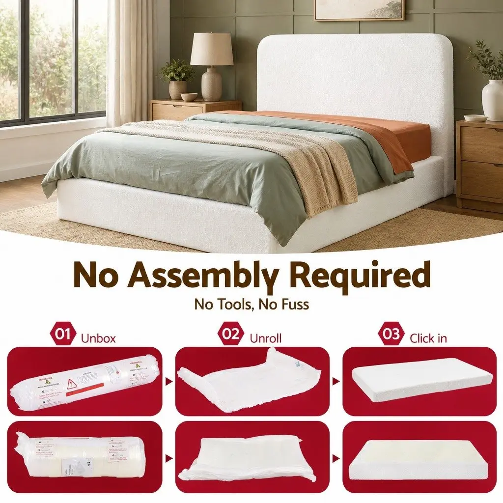 Double Bed Frame Boucle Fabric Tool-free Instant Expansion 155W x 196.5L x 25H cm