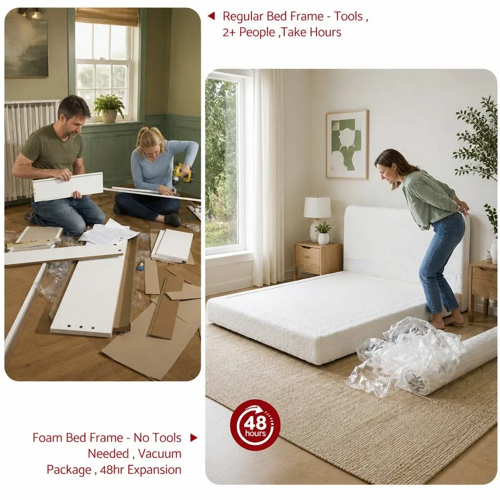 Double Bed Frame Boucle Fabric Tool-free Instant Expansion 155W x 196.5L x 25H cm