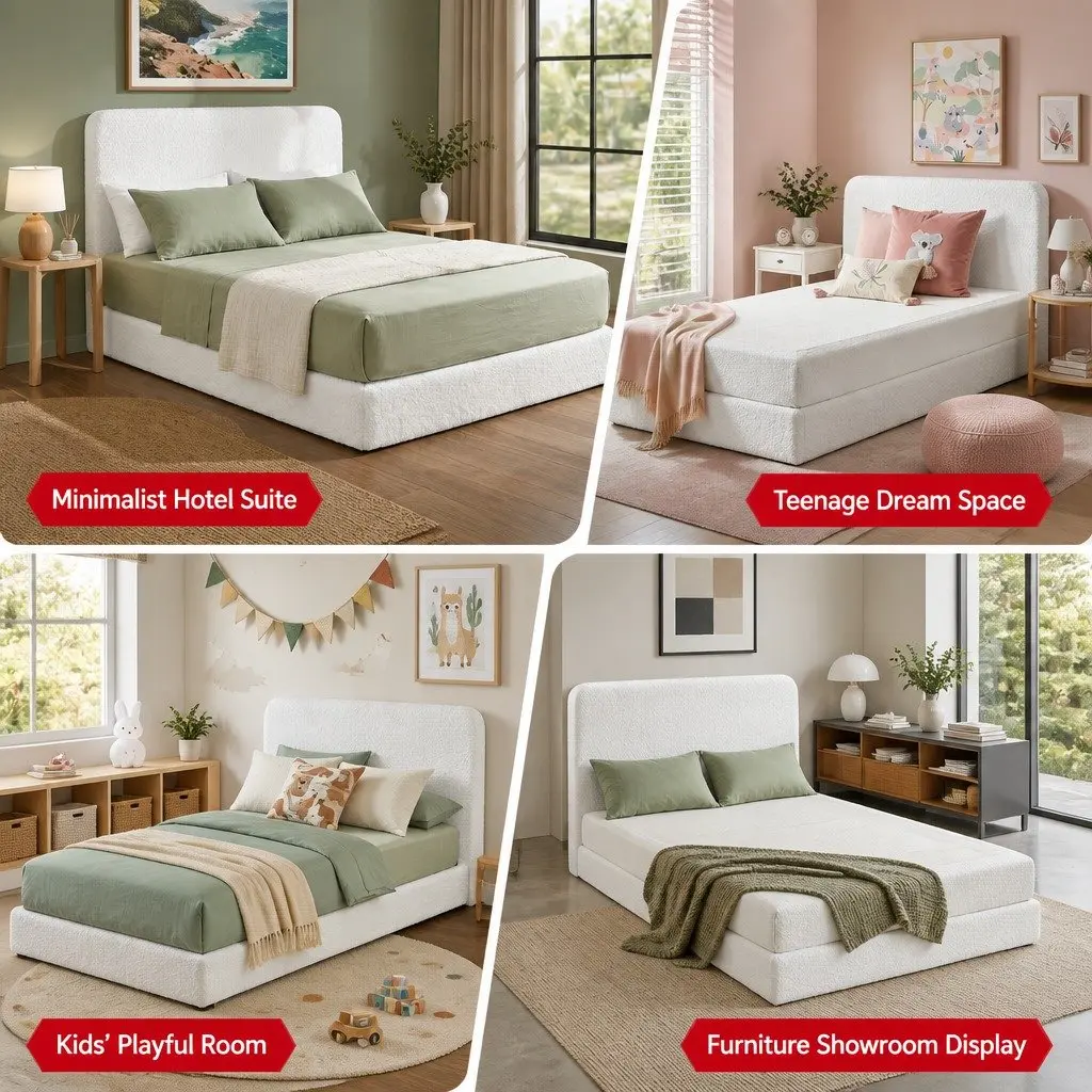 Double Bed Frame Boucle Fabric Tool-free Instant Expansion 155W x 196.5L x 25H cm