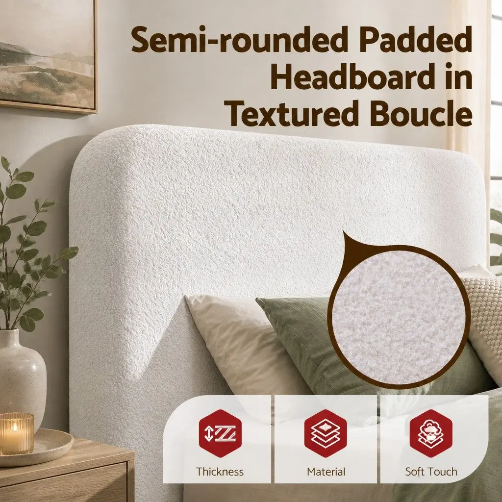 Double Bed Frame Boucle Fabric Tool-free Instant Expansion 155W x 196.5L x 25H cm