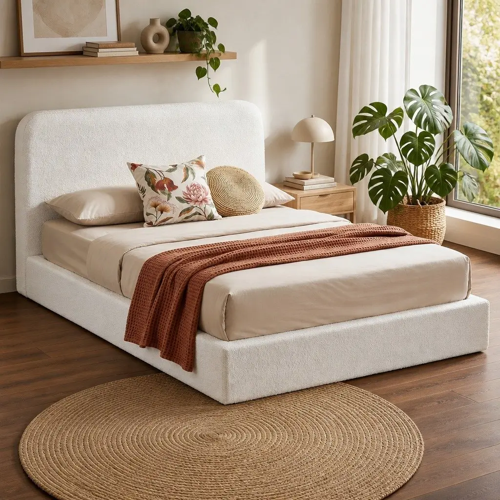 Queen Bed Frame Boucle Fabric Soft Touch Tool-Free Vacuum Compressed White
