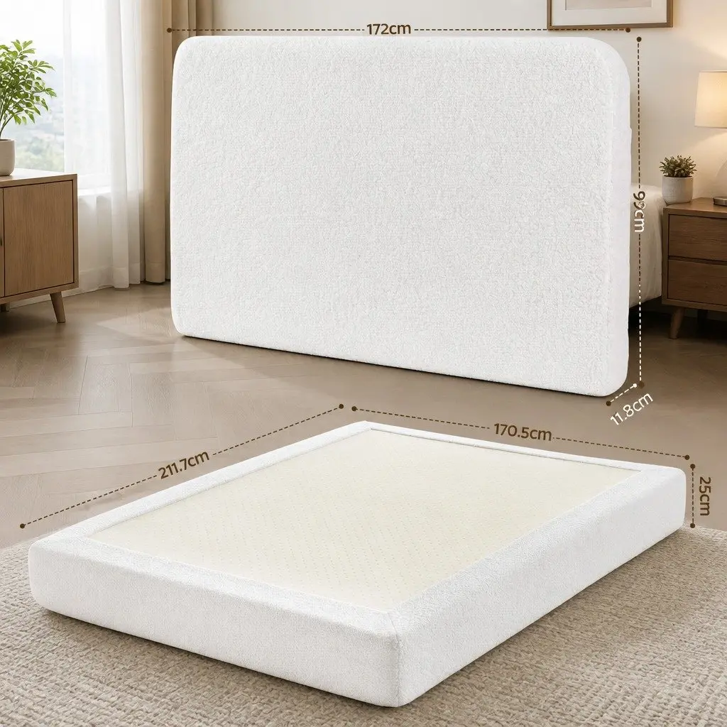 Queen Bed Frame Boucle Fabric Soft Touch Tool-Free Vacuum Compressed White
