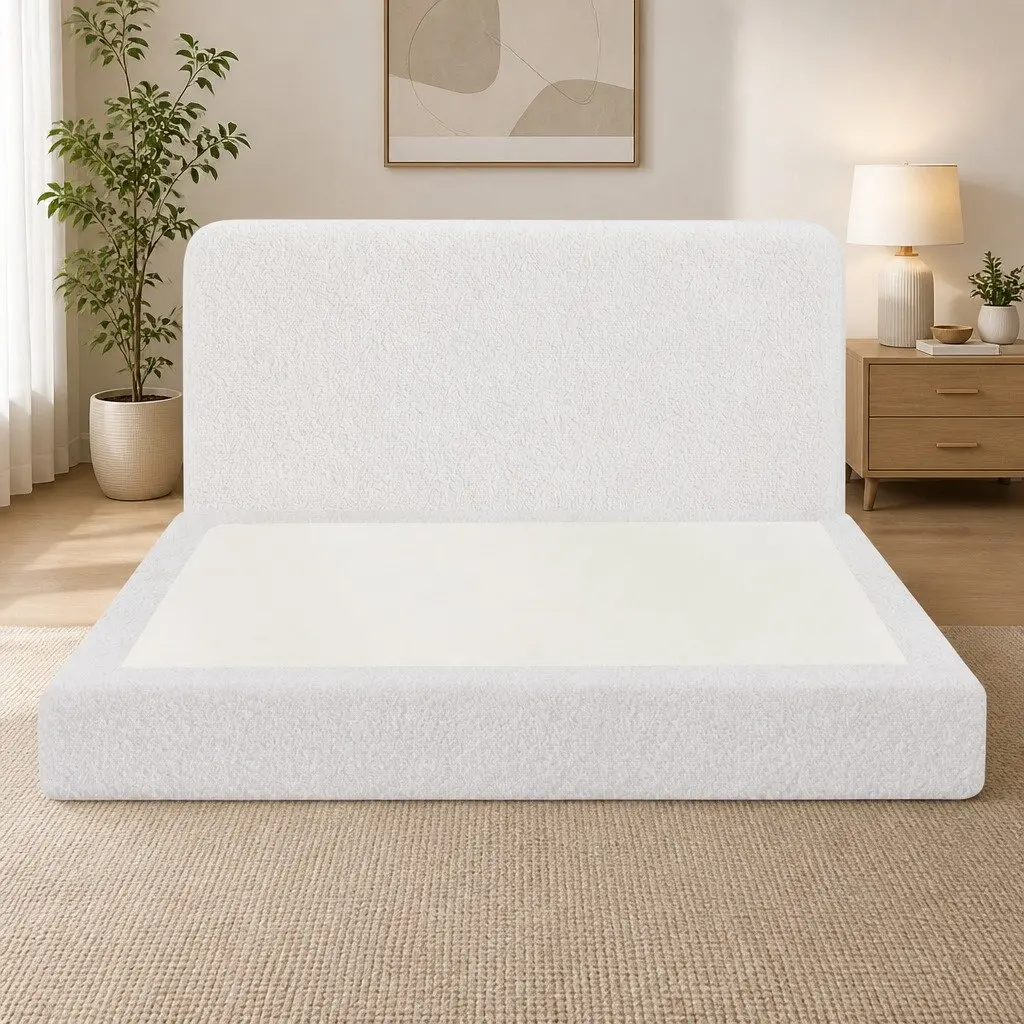 Queen Bed Frame Boucle Fabric Soft Touch Tool-Free Vacuum Compressed White