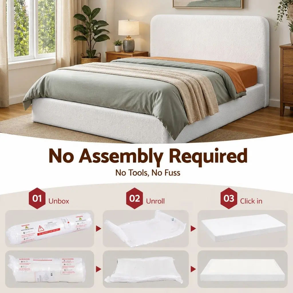 Queen Bed Frame Boucle Fabric Soft Touch Tool-Free Vacuum Compressed White