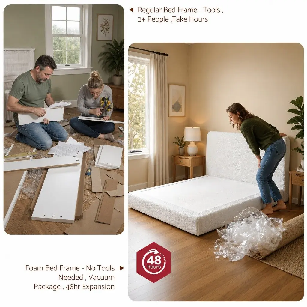 Queen Bed Frame Boucle Fabric Soft Touch Tool-Free Vacuum Compressed White