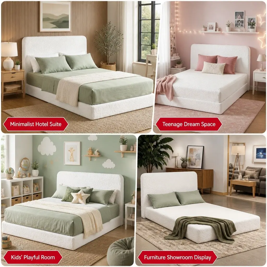Queen Bed Frame Boucle Fabric Soft Touch Tool-Free Vacuum Compressed White