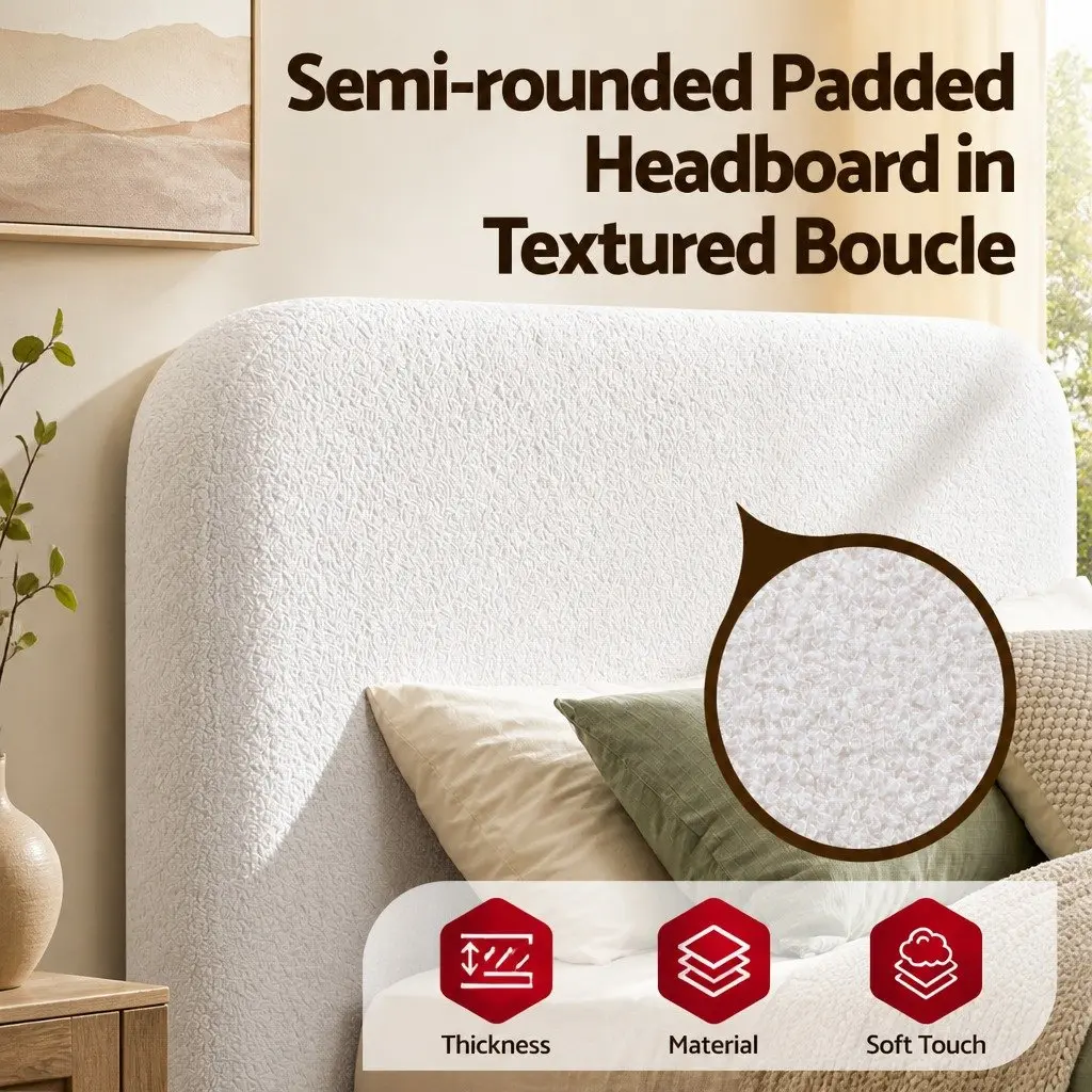 Queen Bed Frame Boucle Fabric Soft Touch Tool-Free Vacuum Compressed White