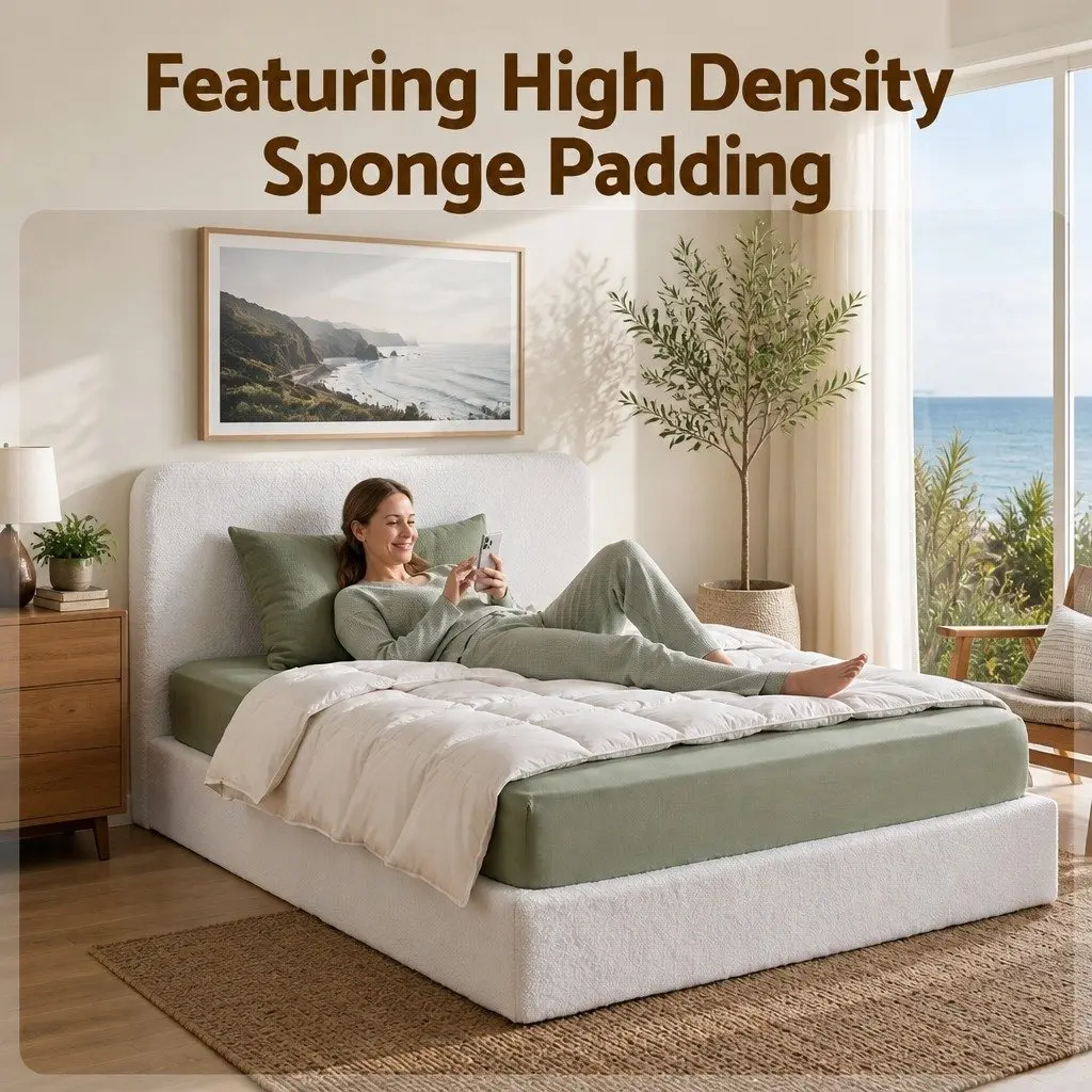 Queen Bed Frame Boucle Fabric Soft Touch Tool-Free Vacuum Compressed White
