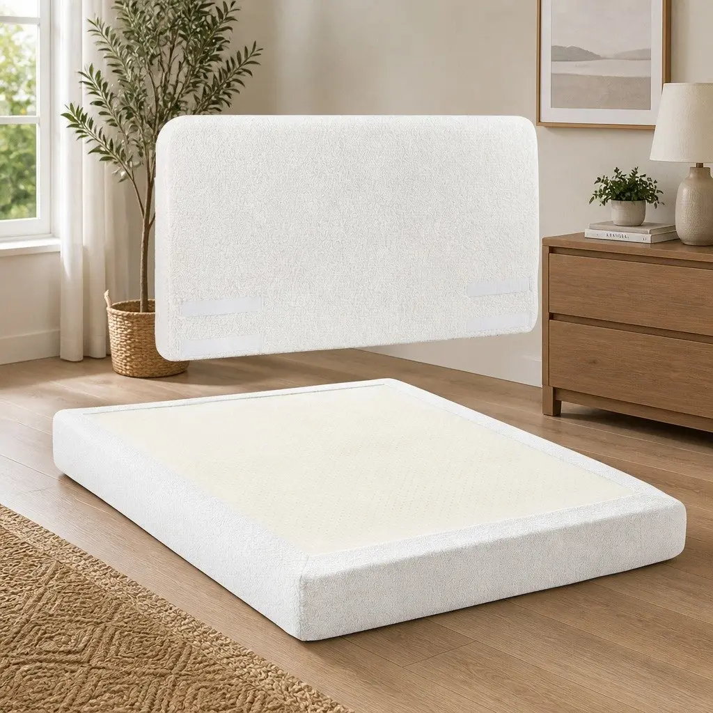 Queen Bed Frame Boucle Fabric Soft Touch Tool-Free Vacuum Compressed White