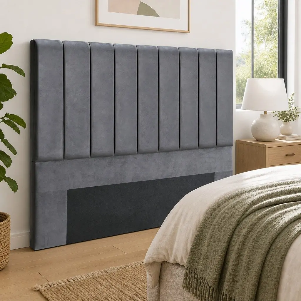 King Bed Headboard Grey Velvet Upholstered Art Deco 183cm x 120cm x 8cm