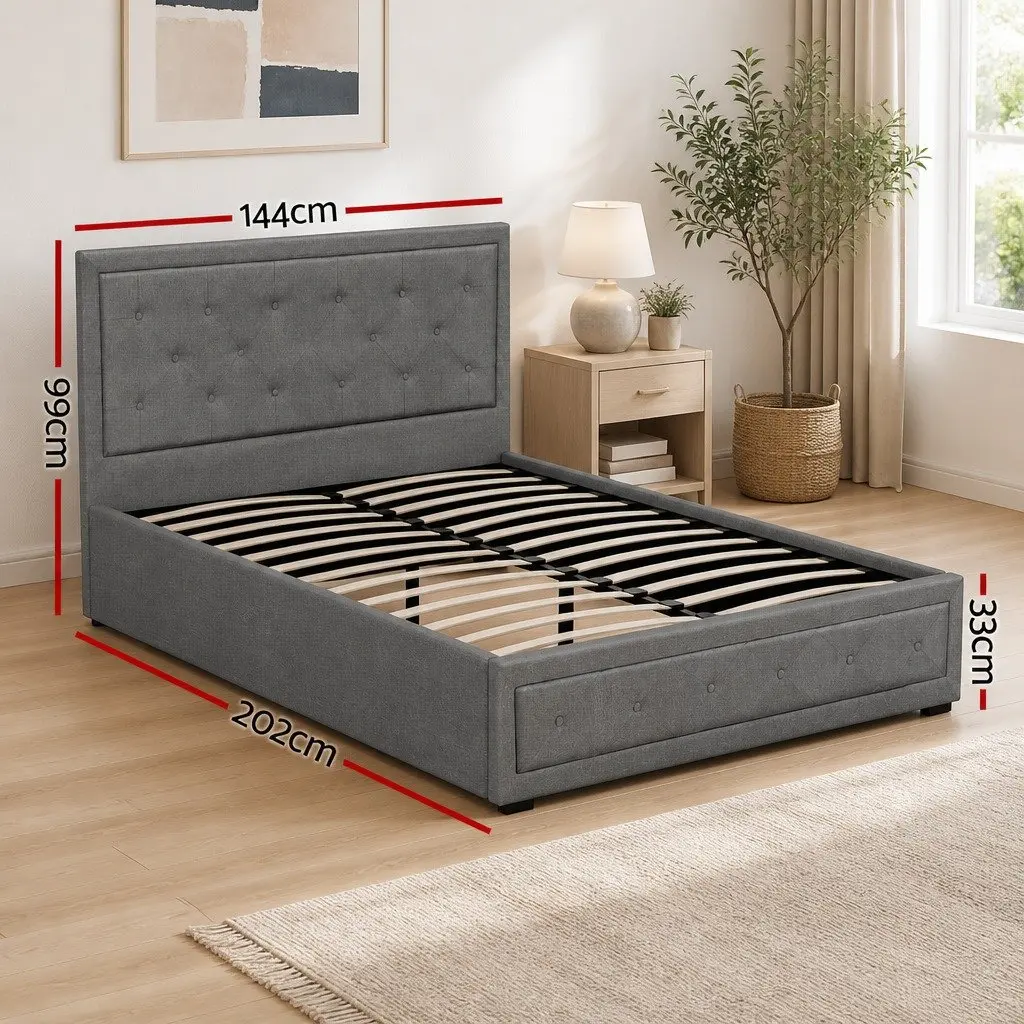 Gas Lift Bed Frame Double Size Grey Upholstered with Tufted Headboard and Storage 202cm x 144cm