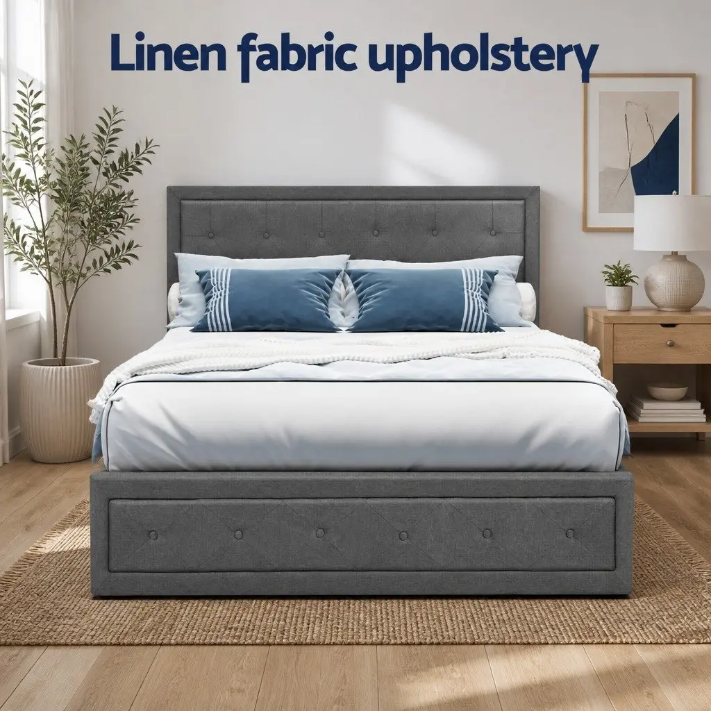 Gas Lift Bed Frame Double Size Grey Upholstered with Tufted Headboard and Storage 202cm x 144cm