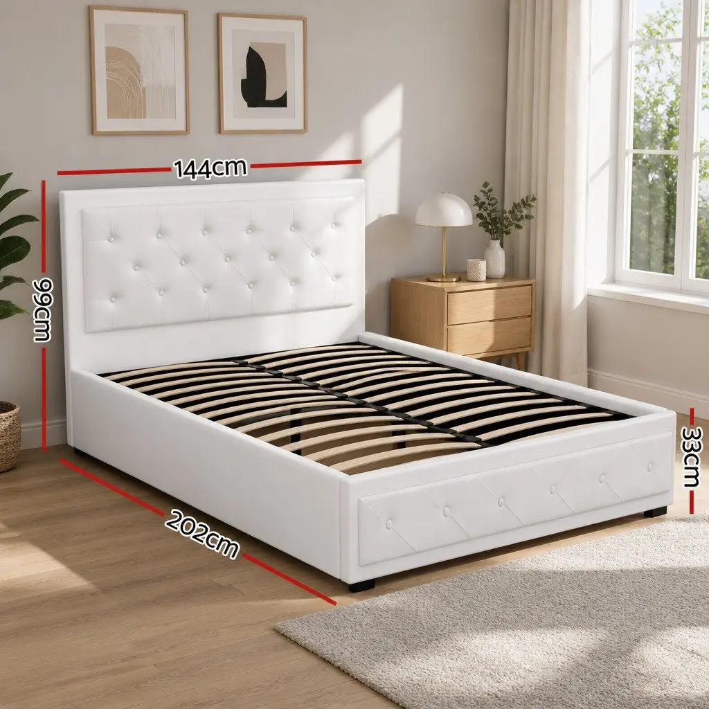 Double Gas Lift Bed Frame White Upholstered Storage Ottoman 202cm L x 144cm W x 99cm H