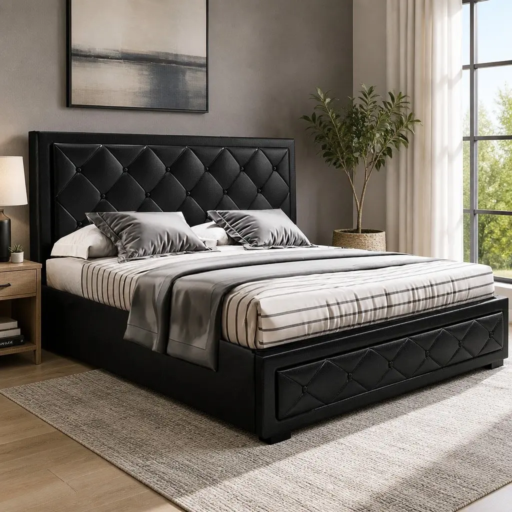 Double Size Gas Lift Bed Frame Storage Base Upholstered Headboard Black