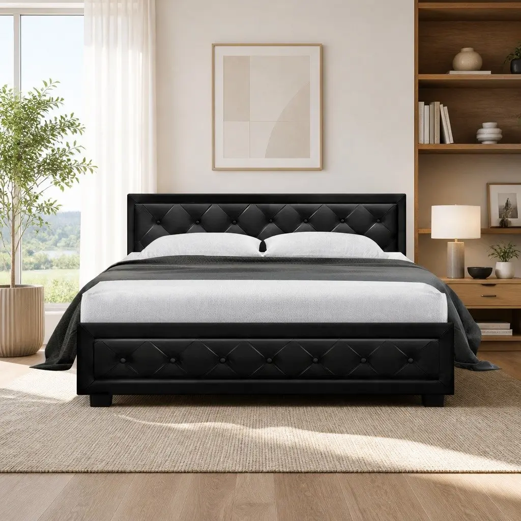 Black Upholstered Tufted Headboard Queen Size Bed Frame with Gas Lift Storage