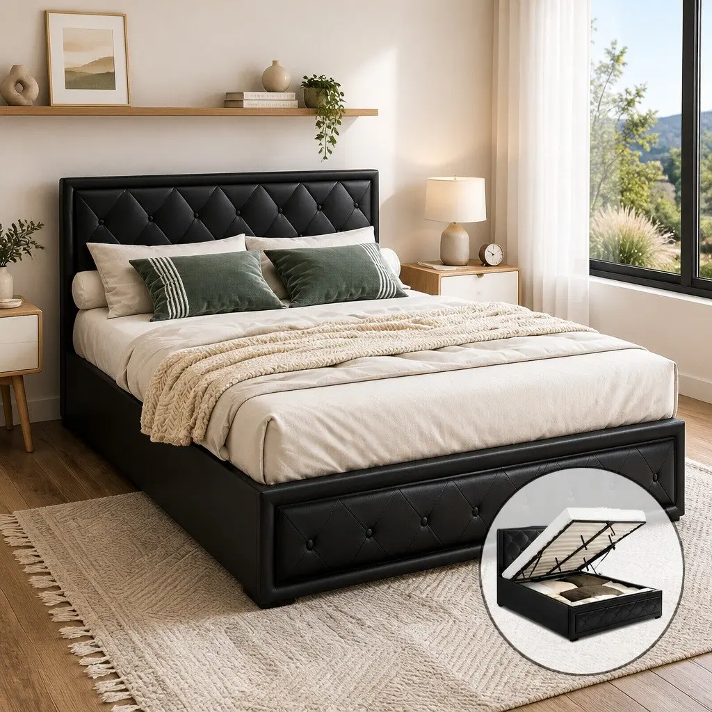 Black Upholstered Tufted Headboard Queen Size Bed Frame with Gas Lift Storage