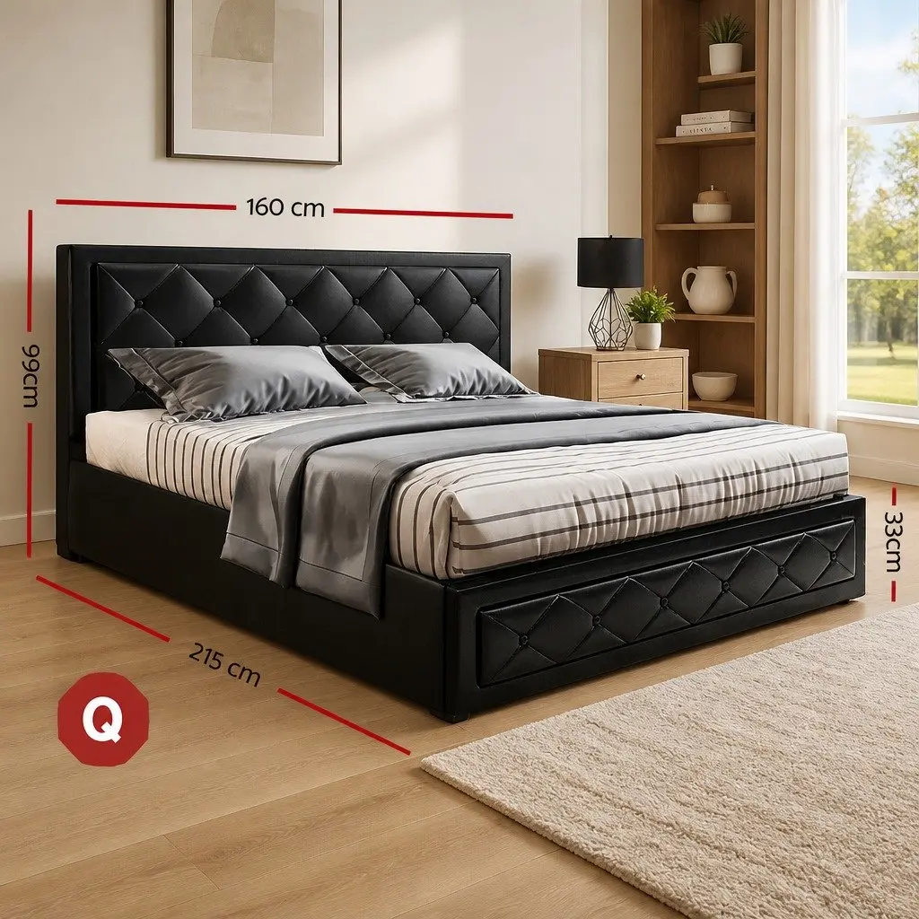 Black Upholstered Tufted Headboard Queen Size Bed Frame with Gas Lift Storage