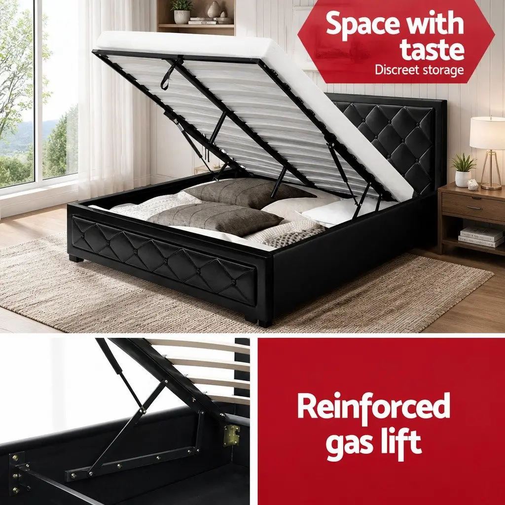 Black Upholstered Tufted Headboard Queen Size Bed Frame with Gas Lift Storage