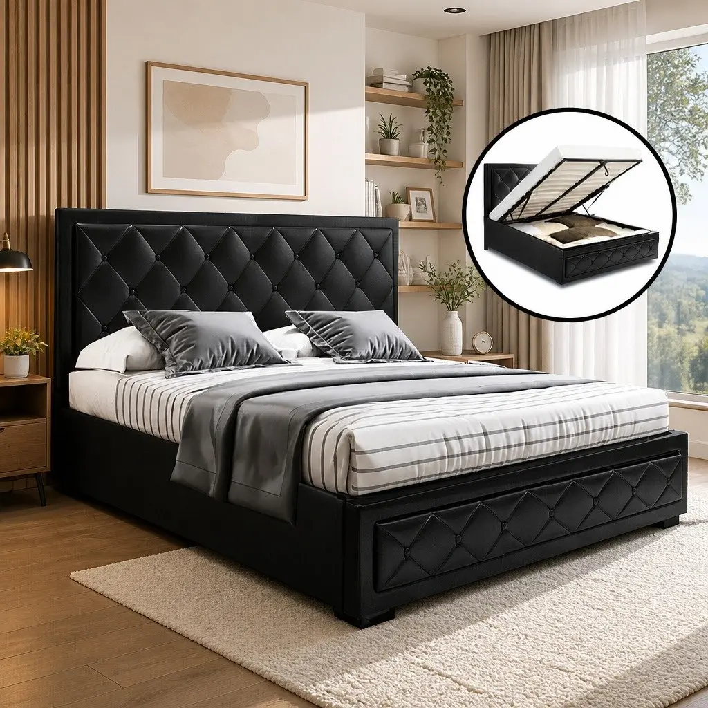 Black Upholstered Tufted Headboard Queen Size Bed Frame with Gas Lift Storage