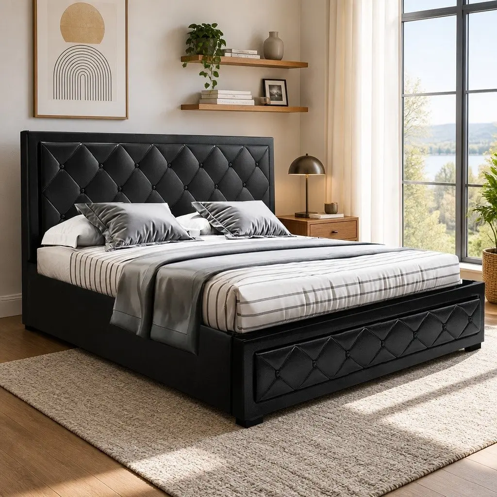Black Upholstered Tufted Headboard Queen Size Bed Frame with Gas Lift Storage