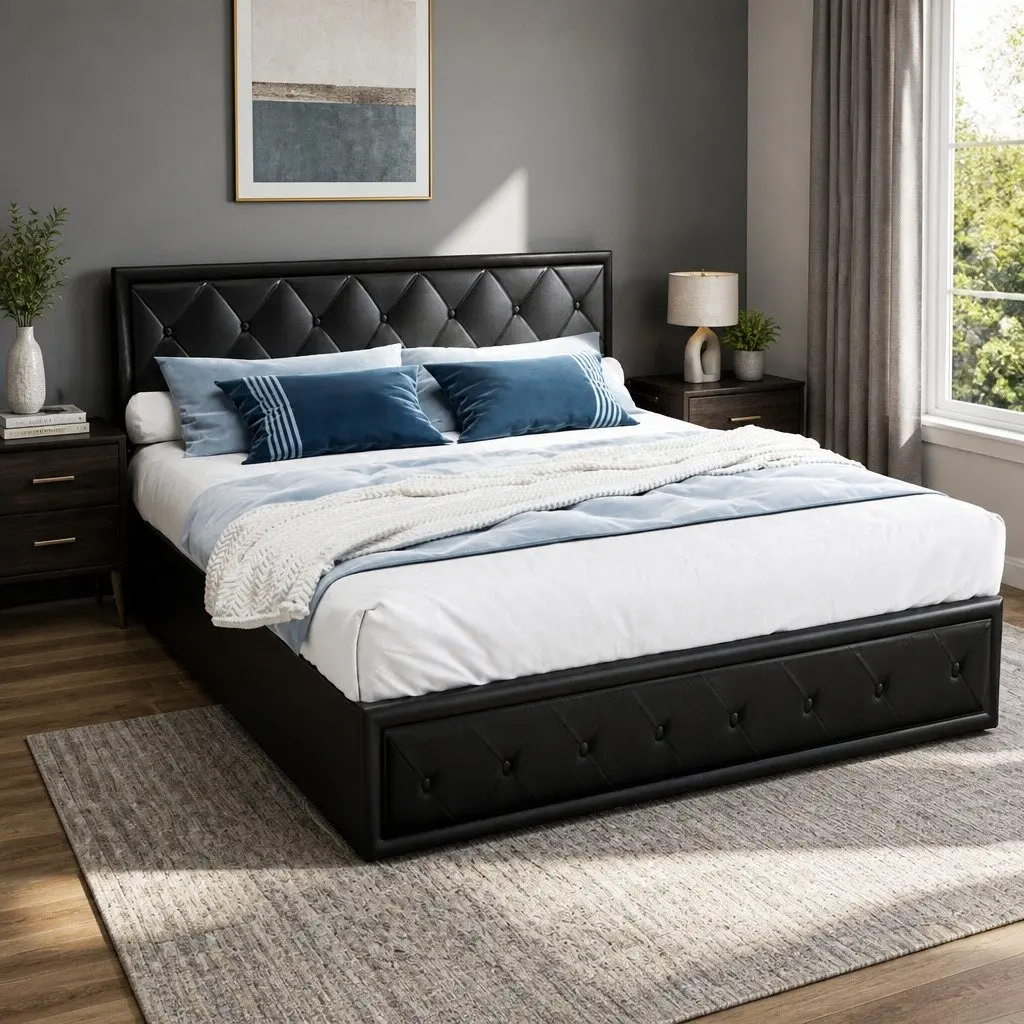 King Size Gas Lift Bed Frame with Storage Black Upholstered Contemporary Design