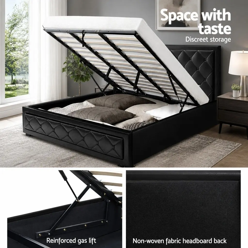 King Size Gas Lift Bed Frame with Storage Black Upholstered Contemporary Design