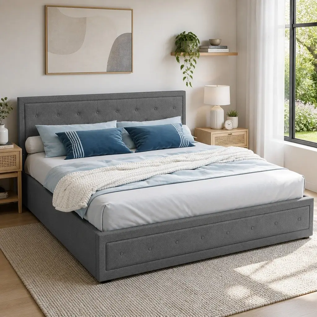 King Size Gas Lift Bed Frame Upholstered Headboard Grey