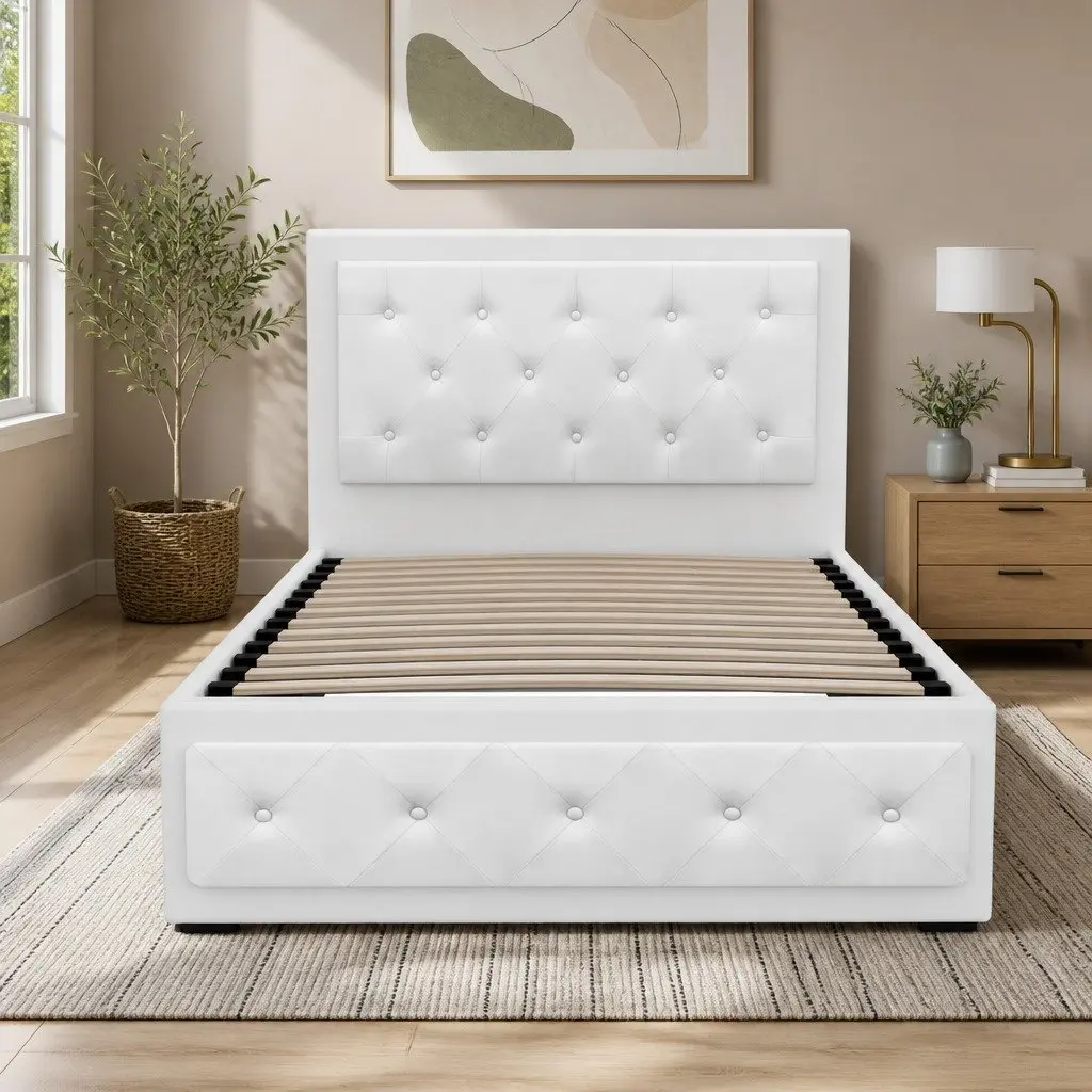 King Single Gas Lift Bed Frame with Upholstered Headboard and Under-Bed Storage