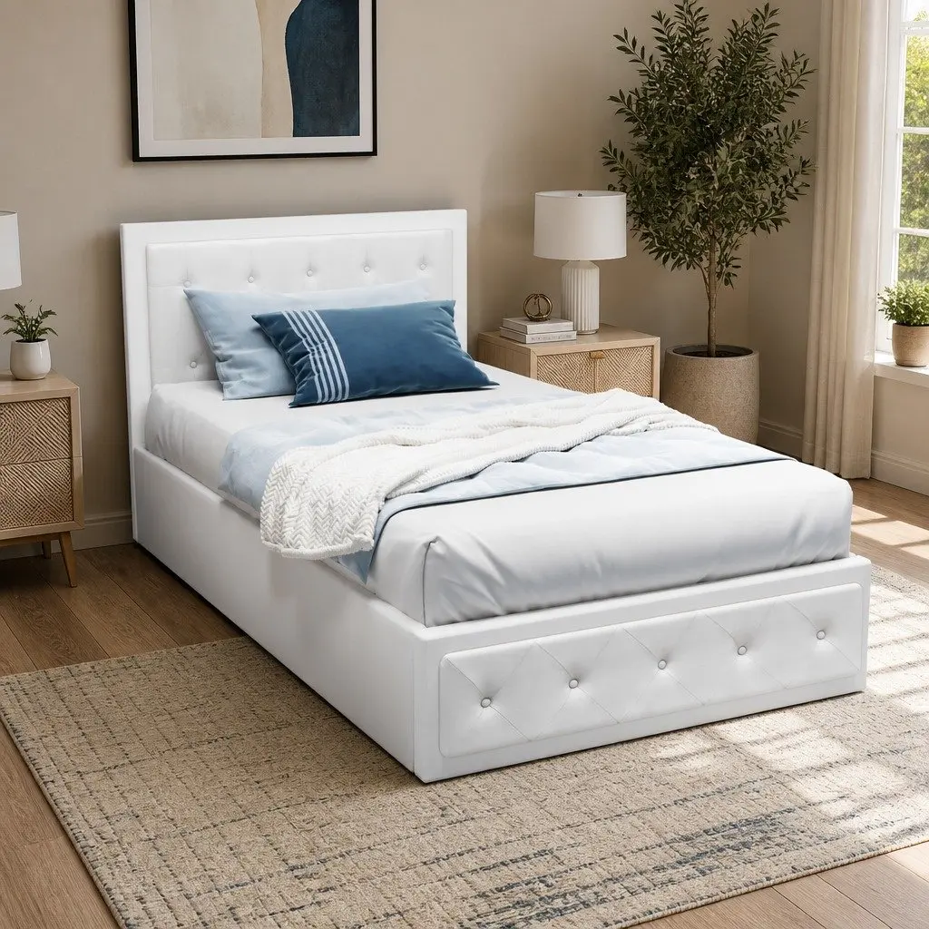 King Single Gas Lift Bed Frame with Upholstered Headboard and Under-Bed Storage