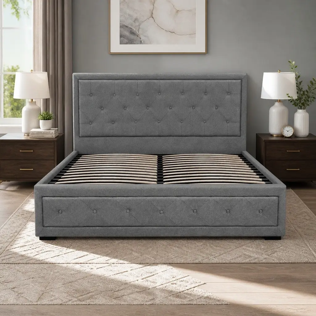 Gas Lift Bed Frame with Upholstered Headboard Queen Size Grey Storage