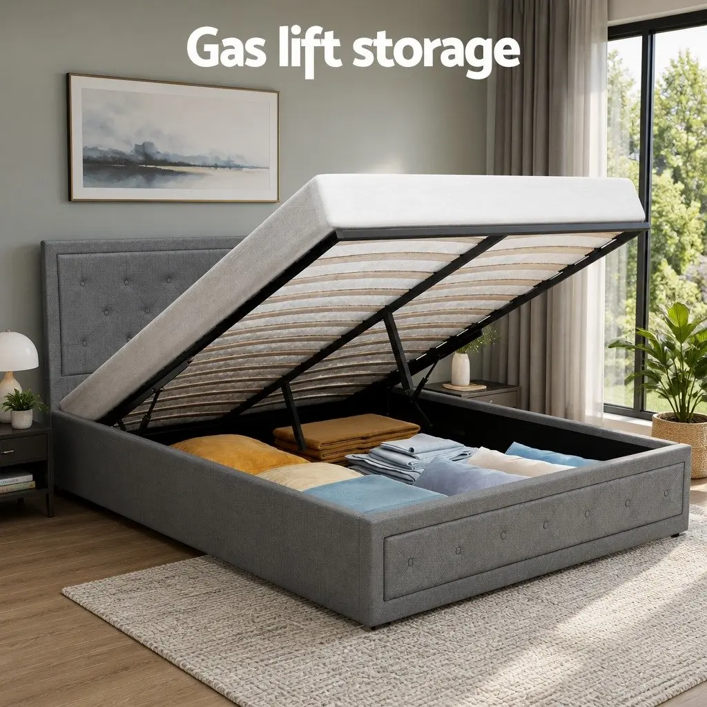 Gas Lift Bed Frame with Upholstered Headboard Queen Size Grey Storage