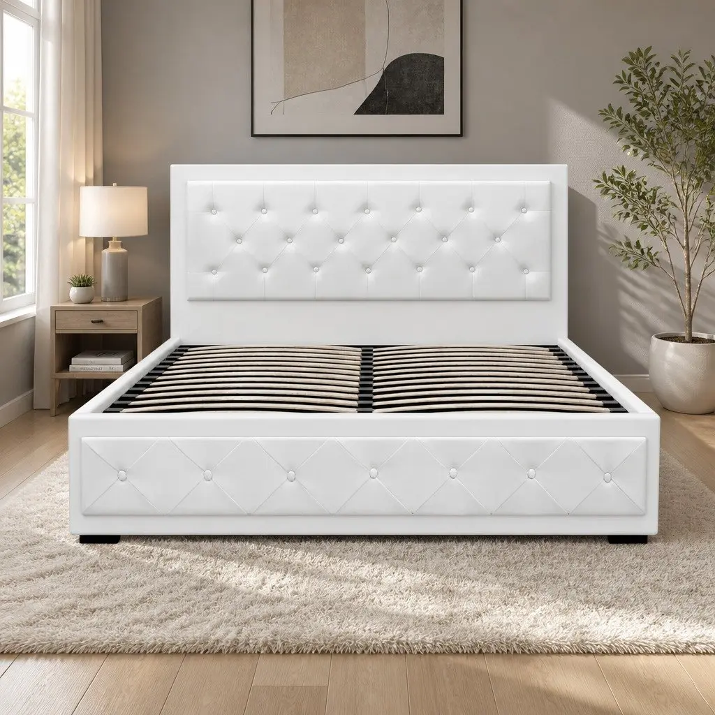 Queen Size Gas Lift Bed Frame White Storage Upholstered Headboard Platform