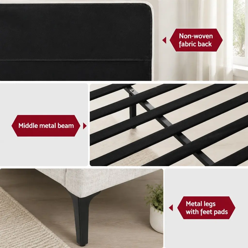 King Size Bed Frame Upholstered with Padded Headboard Beige