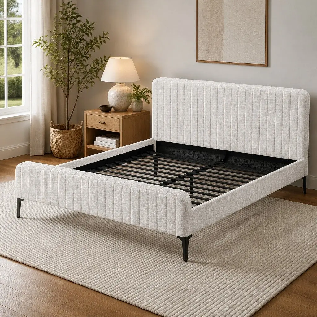 King Size Bed Frame Upholstered with Padded Headboard Beige